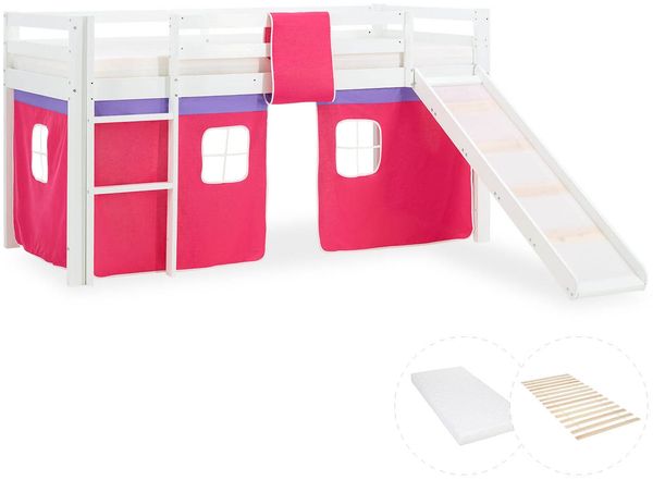 Hochbett mit Matratze 90x200 cm Rutsche Stockbett Kinderbett Leiter Holz Kiefer Vorhang Pink Lattenrost