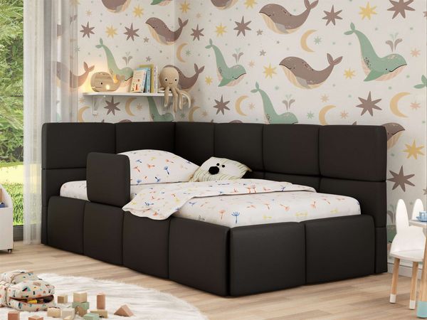 Jugendbett, Kinderbett mit Kopfteil ARVO ALTA 90x200 cm, Polsterbett mit Stauraum, hoher Schlafkomfort - Schwarz Kunstleder - Links - ELORI LUX