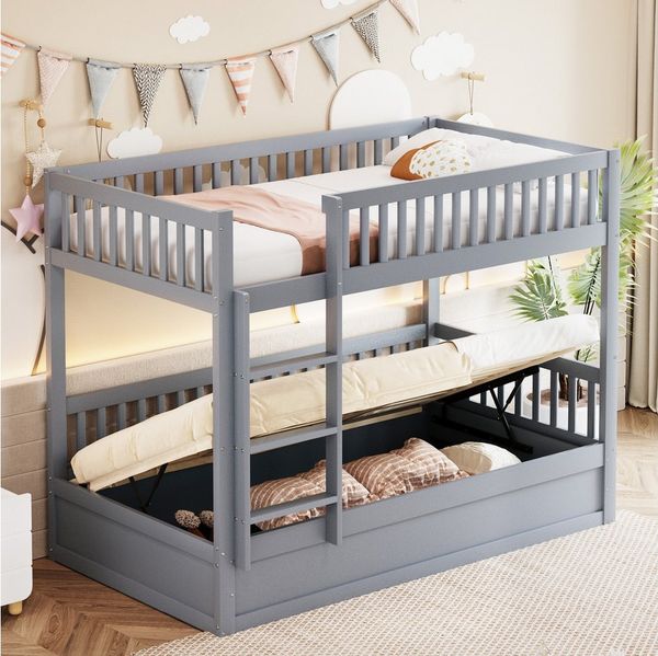 Merax Etagenbett (Kiefernholz Stockbett Stauraumbett, 205 x 95 x 150 cm, 1-St), Kinderbett 90x200cm mit hydraulischem Stauraum Leiter Rausfallschutz