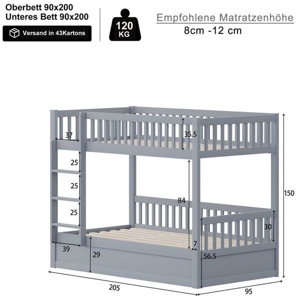 Merax Etagenbett (Kiefernholz Stockbett Stauraumbett, 205 x 95 x 150 cm, 1-St), Kinderbett 90x200cm mit hydraulischem Stauraum Leiter Rausfallschutz Bild 4
