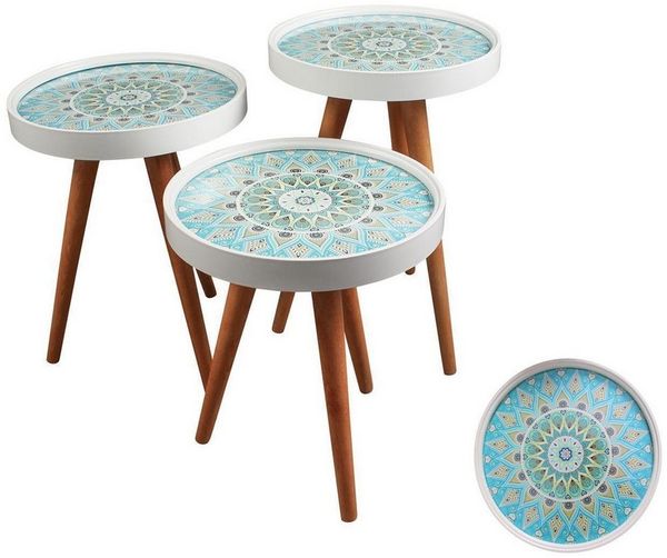 HOOZ Beistelltisch Satztisch 3er Set Beine Holz rund Ø 38 cm, Höhen: 47/ 53/ 59 cm Mosaik (Set, 3-St, 3× Sofatisch), Platzsparendes 3er Couchtisch Set – flexibel ineinander schiebbar