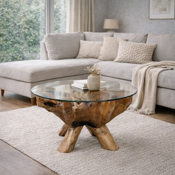 Teak Couchtisch ZONAS ca. D110cm Natural Massivholz Wohnzimmertisch Wurzelholz