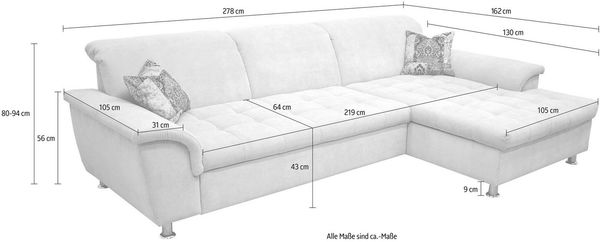 DOMO collection Ecksofa Franzi bequem, B/T: 278/162 cm, L-Form, belastbar bis 140kg/ Sitz, Chenille, dunkelgrau