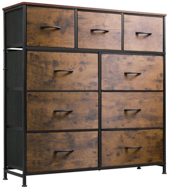 WLIVE Kommode 9 Stoffschubladen, Schubladenkommode 100 × 30 × 102 cm (Packung, Stauraumkommode für Schlafzimmer Wohnzimmer Flur), Stahlrahmen & MDF-Holzplatte, Vintagebraun-Schwarz
