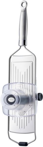 RÖSLE Hobel mit V-Klinge, Hochwertiger V-Hobel für Gemüse wie Gurken oder Tomaten, 5 Schnittstärken, mit Silikonstandfuß, Edelstahl 18/10, inkl. Gemüsehalter und Schutzcover, 46 x 13 x 3 cm