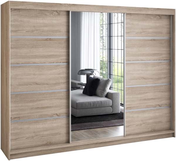 A&J MöbelLand 'Viluno' Schwebetürenschrank mit 4 Schubladen und Spiegel, Spanplatte, 215 x 59,5 x 200 cm, Natur / Natur / Natur