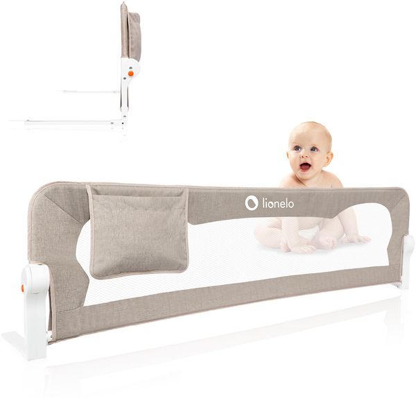 lionelo Eva-Bettgitterschutz, 150x42 cm, faltbar, 180° mit Neigungsverstellung, Netzgewebe, Sicherheitsgurte, Sicherheitsbarriere für Kleinkinderbett mit Sicherheitsschloss, Aufbewahrungstasche,
