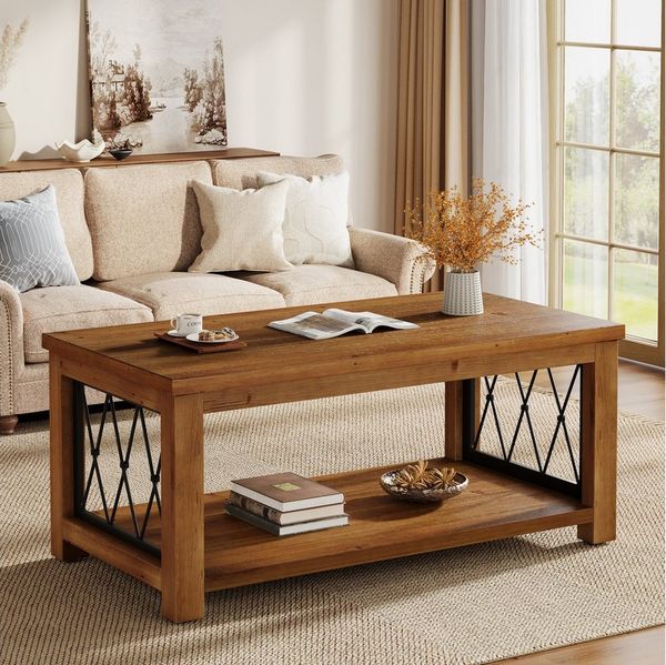 Tribesigns Couchtisch Rechteckiger Couchtisch Massivholz 120 cm, 2-Stufiger Wohnzimmertisch