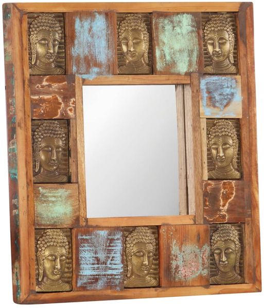 Spiegel mit Buddha-Verzierung, recyceltes Massivholz, 50x50 cm