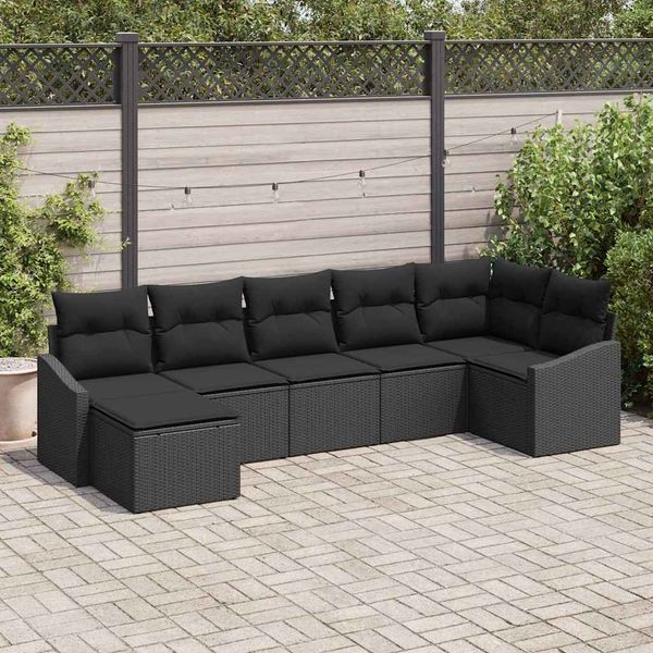 vidaXL Sofa Set mit Kissen 7 pcs Schwarz Poly Rattan 3346813