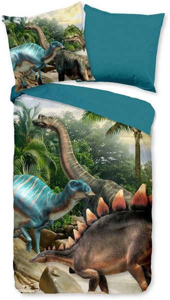 PURE luxury collection Kinderbettwäsche Neneh, Microfaser, 2 teilig, 135x200, Pflegeleicht, Reißverschluss, Wendeoptik, Kind, Junge, Dino