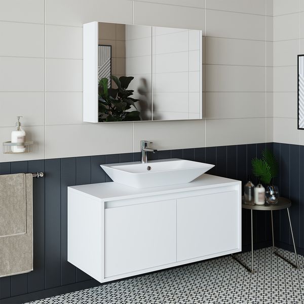 Roomart ATLANTIC-100 Badmöbel Set– 3-teiliges Badezimmermöbel Set - Unterschrank, Waschbecken & Spiegelschrank - H 45 x B 45 x T 100 cm • Weiß