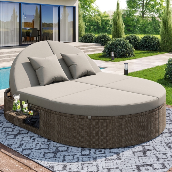 Merax Gartenliege Outdoor Rattan Doppelliege mit Klappregal, einstellbarer Rückenlehne, grau