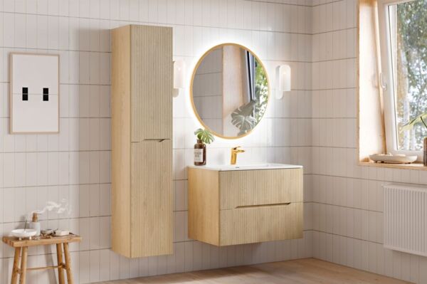Badmöbel Set 3-tlg Badezimmerset AVOLI Cremona Eiche Spiegel Gold inkl. Waschtisch