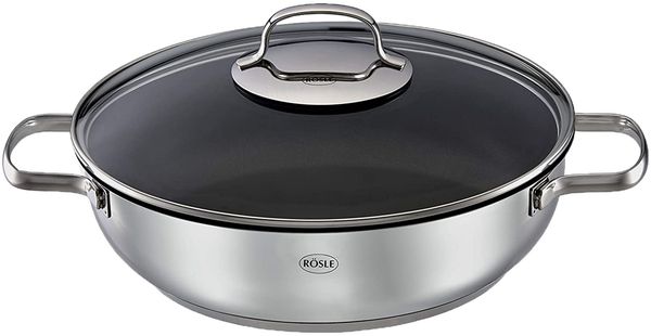 RÖSLE ELEGANCE ProCera Servierpfanne, Antihaft, Stilvoll & Effizient - Ø 28 cm, Hitzebeständig bis 260 °C, Keramikversiegelung, Silberfarben/Schwarz, Edelstahl 18/10, Silbern