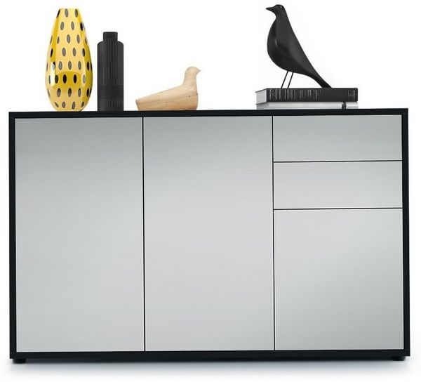 Vladon Sideboard Ben V3, Kommode mit 3 Türen und 2 Schubladen, Schwarz matt/Hellgrau Seidenmatt (117 x 74 x 36 cm)