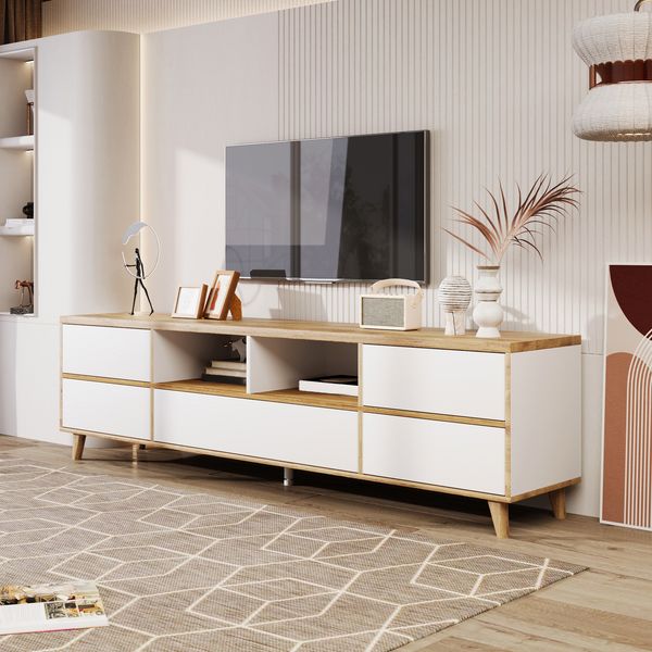 TV-Board aus MDF mit 4 Türen und Stauraum, 175 x 37 x 51 cm, Weiß/Holzfarben
