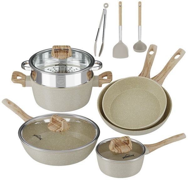 HOMELUX Topf-Set Kochgeschirr-Set, Induktions Töpfe Set, Antihaftbeschichtung, Aluminium, Edelstahl (Pfanne 24/28cm, Tiefe Bratpfanne 28cm, 12-tlg, Topf mit Dampfgarer 24cm, Milchtopf 16cm), Induktion