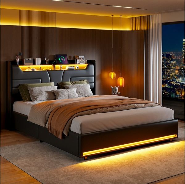 PXloue Polsterbett Doppelbett Stauraumbett (Kopfteil mit 2 Steckdosen + USB), LED-Beleuchtung, Bettkasten, Kunstleder, 140x200 cm