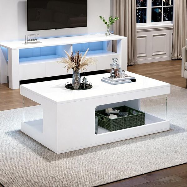 STILVORA Couchtisch Hochglanz-Wohnzimmertisch Sofatisch Kaffeetisch mit LED (LED-Couchtisch, Hochglanz, Glasablagen, 50×100×35cm, Spanplatte, App-Steuerung, Stauraum, Weiß, belastbar), Für Wohnzimmer, Apartments, Lounge und moderne Räume