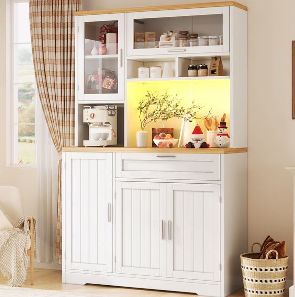 Hochschrank aus MDF mit LED-Beleuchtung & Glastüren, 104 x 40 x 180 cm, Weiß