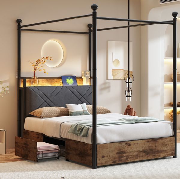 Bett 90x190 cm mit Stauraum und LED-Beleuchtung – Smart-Himmelbett in Schwarz