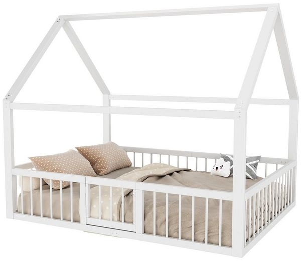 Flieks Kinderbett, Hausbett Metallbett Doppelbett 140x200cm mit Lattenrost, Tür und Zaun