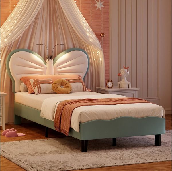 Furnishings Home Kinderbett Polsterbett Einzelbett LED, Samtstoff (1-tlg, Geeignet für Jugendliche und Kinder), mit LED Leselampe, Schmetterlingsform Kopfteil 90x200cm