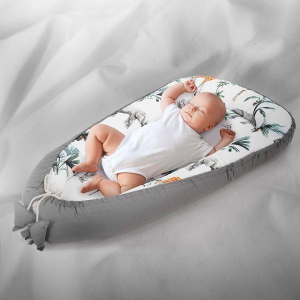 Joyz Babynest, Safari, Dunkelgrau, 90x50cm, Baumwolle, zweiseitig, antiallergisch, tragbar, Multifunktionale Babynestchen, Kokon Babys & Säuglinge, Baby Nest Babybett Neugeborene Kuschelnest Reisebett