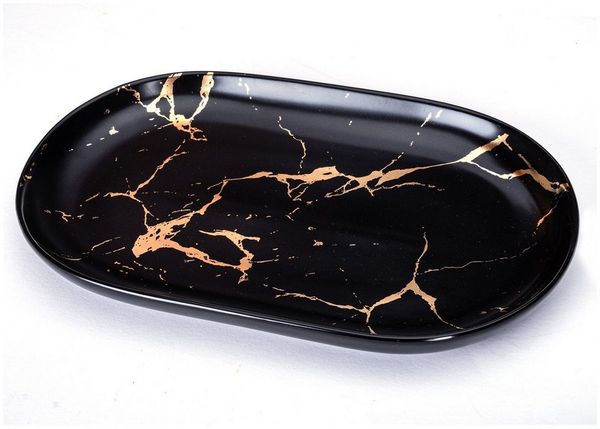 Goodwei Teeschale Teetablett - Serviertablett aus Porzellan - Black Marmor Design, 1-tlg, Handgefertigt