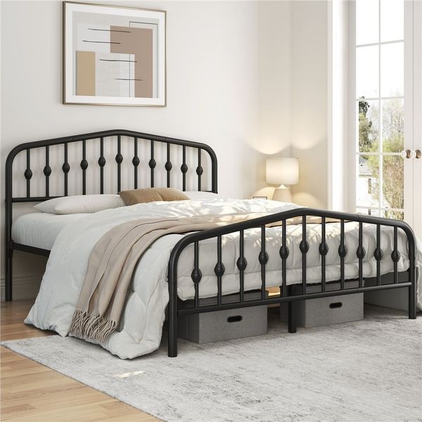 Yaheetech Metallbett mit kronenförmigem Kopfteil und Lattenrost, Schwarz, 160x200 cm