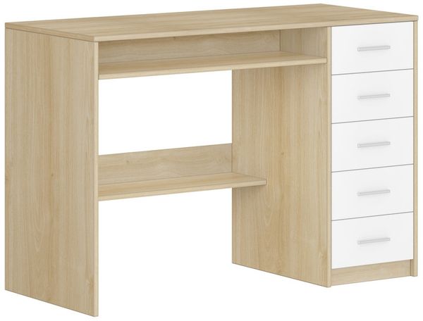 Schreibtisch, Computertisch mit 5 Schubladen, Bürotisch mit Minimalistischem Design, moderner PC Tisch, 50 x 108 x 75 cm, für Arbeitszimmer, Büro, Schlafzimmer, Sonoma Eiche + Weiß Bild 2
