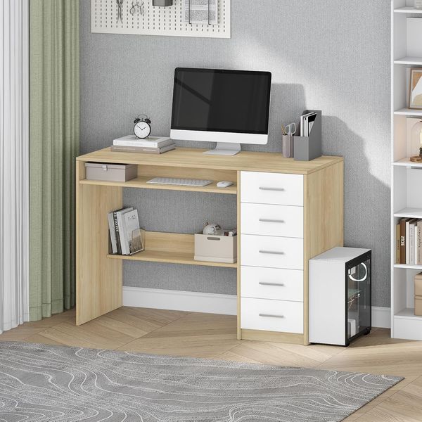 Schreibtisch, Computertisch mit 5 Schubladen, Bürotisch mit Minimalistischem Design, moderner PC Tisch, 50 x 108 x 75 cm, für Arbeitszimmer, Büro, Schlafzimmer, Sonoma Eiche + Weiß