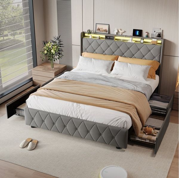 Furnishings Home Stauraumbett Polsterbett LED 90x200cm, Doppelbett (1-tlg, Modernes Jugendbett, Leises Design Bett, Samtmaterial Polsterbett), Mit LED-Beleuchtung und Ladefunktion, Belastbarkeit 300 kg