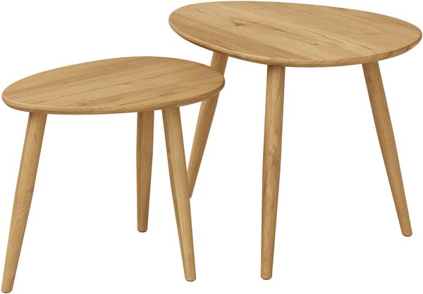 skølm Lodur Couchtisch 2er Set aus Eichenholz, Beistelltisch geölt, ovale Tischplatte mit 3 Tischbeinen