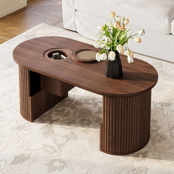 MODFU Couchtisch 105x46,5x50 cm aus MDF in Nussbaum mit Ablagefächern (Packung, 1-St, Moderner Couchtisch fürs Wohnzimmer), mit Retro-Design, vertikale Textur