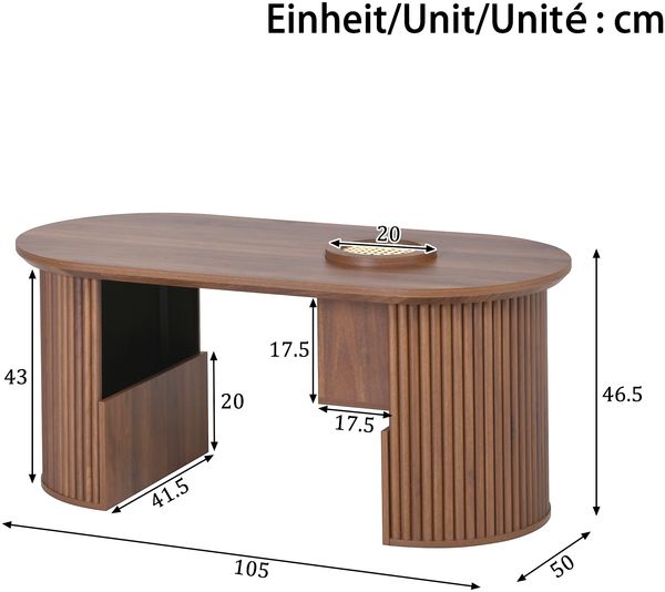 MODFU Couchtisch 105x46,5x50 cm aus MDF in Nussbaum mit Ablagefächern (Packung, 1-St, Moderner Couchtisch fürs Wohnzimmer), mit Retro-Design, vertikale Textur Bild 5