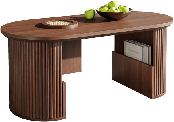 MODFU Couchtisch 105x46,5x50 cm aus MDF in Nussbaum mit Ablagefächern (Packung, 1-St, Moderner Couchtisch fürs Wohnzimmer), mit Retro-Design, vertikale Textur Bild 7