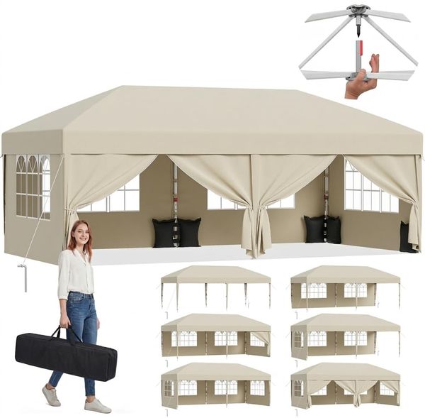 JUMMICO Pop up Pavillon 3x6 wasserdicht stabil Winterfest, One-Touch-Aufbau, Faltpavillon mit Seitenwänden, UV 50+, Shelter ideal für Garten, Innenhof, Camping und Partyzelte. Beige