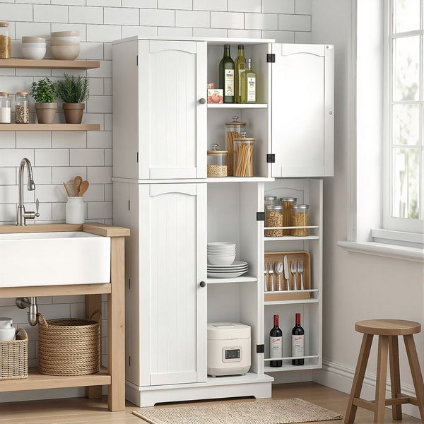 oyajia Mehrzweckschrank mit 4 Türen,Hochschrank Buffetschrank mit verstellbarem Einlegeboden (Küchenschrank, 2 verstellbare Ablagen, 6 Türfächer) für Küche Wohnzimmer Badezimmer,150CM