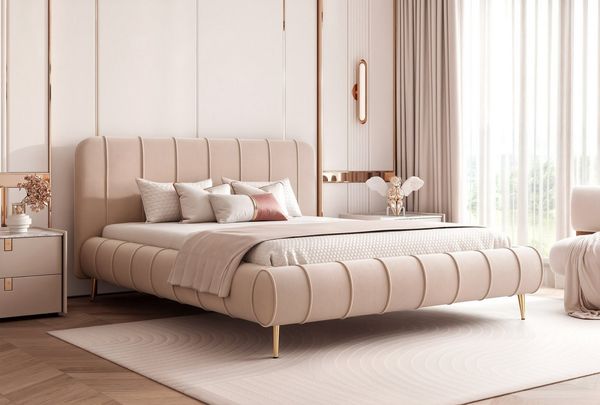 Goldstoff Polsterbett Elegantes Stoffbett "FIRENZE" mit hohem Kopfteil und großem Bettkasten (120–200x200 cm, Kopfteilhöhe 70/100 cm, Seitenhöhe: 25/40 cm), Komfortables Stoffbett mit Stauraum und verstellbarem Kopfteil