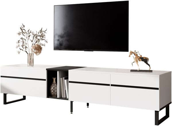 Modernes TV-Lowboard 180 cm in Weiß mit Klappfach, offenen Fächern und Doppeltüren – Minimalistischer Fernsehschrank als Sideboard, TV-Möbel & Wohnzimmerschrank mit viel Stauraum
