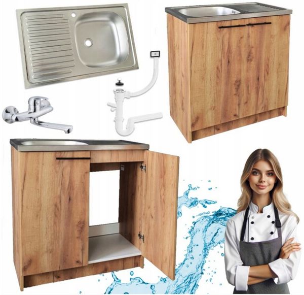 STAMAR Spülenschrank Küchenschrank 80cm Goldene Eiche Spüle Wandarmatur Chrom Siphon Set Standschrank 49cm Tiefe Edelstahl Spülbecken Geschirrspüler Komplett