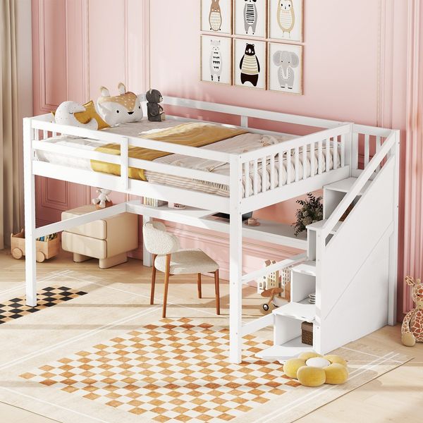 Hochbett mit Lattenrost, Treppe und Rausfallschutz, 140x200 cm, Kinderbett, Holzbett