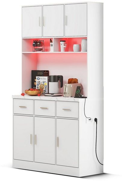 Flieks Küchenbuffet mit LED-Beleuchtung und Steckdosen (1-St, 100x40x180cm) Hochschrank Küchenschrank Geschirrschrank mit verstellbare Ablagen