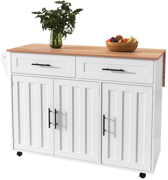 REDOM Sideboard Multifunktionale Kücheninsel (Kücheninsel mit Klapptisch & Stauraum, Schubladen & Rollen, 1 St, 5 Räder, 3 Tür), mit Ausziehbare Arbeitsplatte,Massivholzbeine umschaltbar