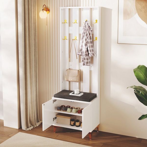 Refined Living Garderoben-Set mit Schuhbank und Kissen Kleiderhakenbrett Schuhschrank Flur Garderobe, (1-St, 60.5*180,5*35,2cm Kompaktgarderobe mit Goldakzenten Eingangsbereich Möbel, 1-St, mit Sitzkissen, Garderobenfront mit Haken Push-to-open-Konstru...