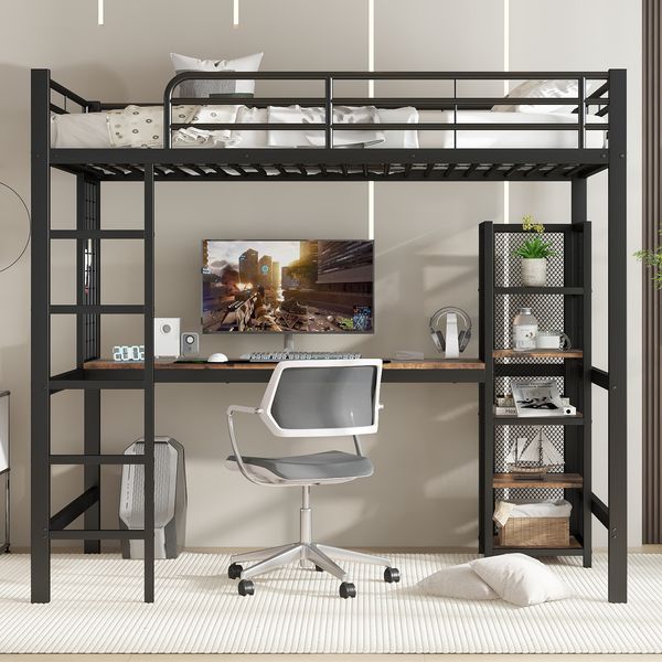 Hochbett Eisenbett Mit Tisch und Regalschrank mit mehrfachen Ablageebenen mit Metallgitter ausgestattet stabile Geländer und Leiter Eisen + MDF Schwarz + dunkle Holzfarbe 90 x 200 cm