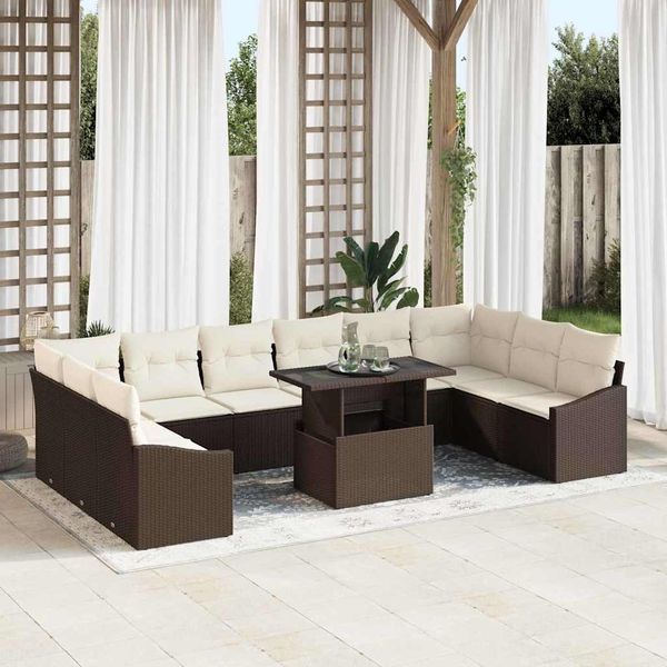 vidaXL Garten-Sofa-Set mit Kissen mit Speicher 11 pcs Braun und Creme 3357811
