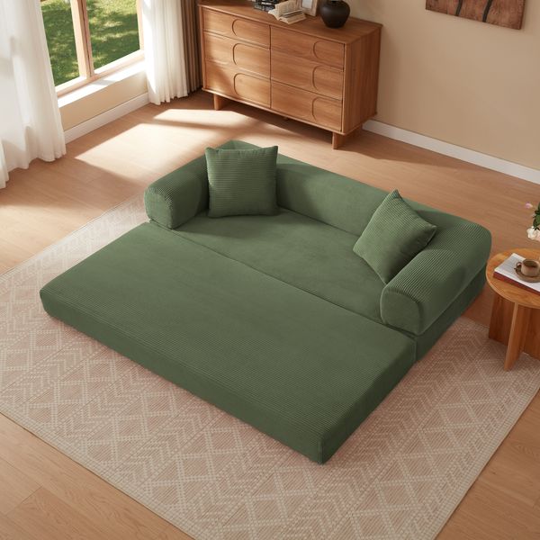 LVHOM Schlafsofa 2 Sitzer mit 2 Kissen, Bodensofa mit schlaffunktion, Klappsofa aus Cord, kein Aufbau erforderlich, Grün